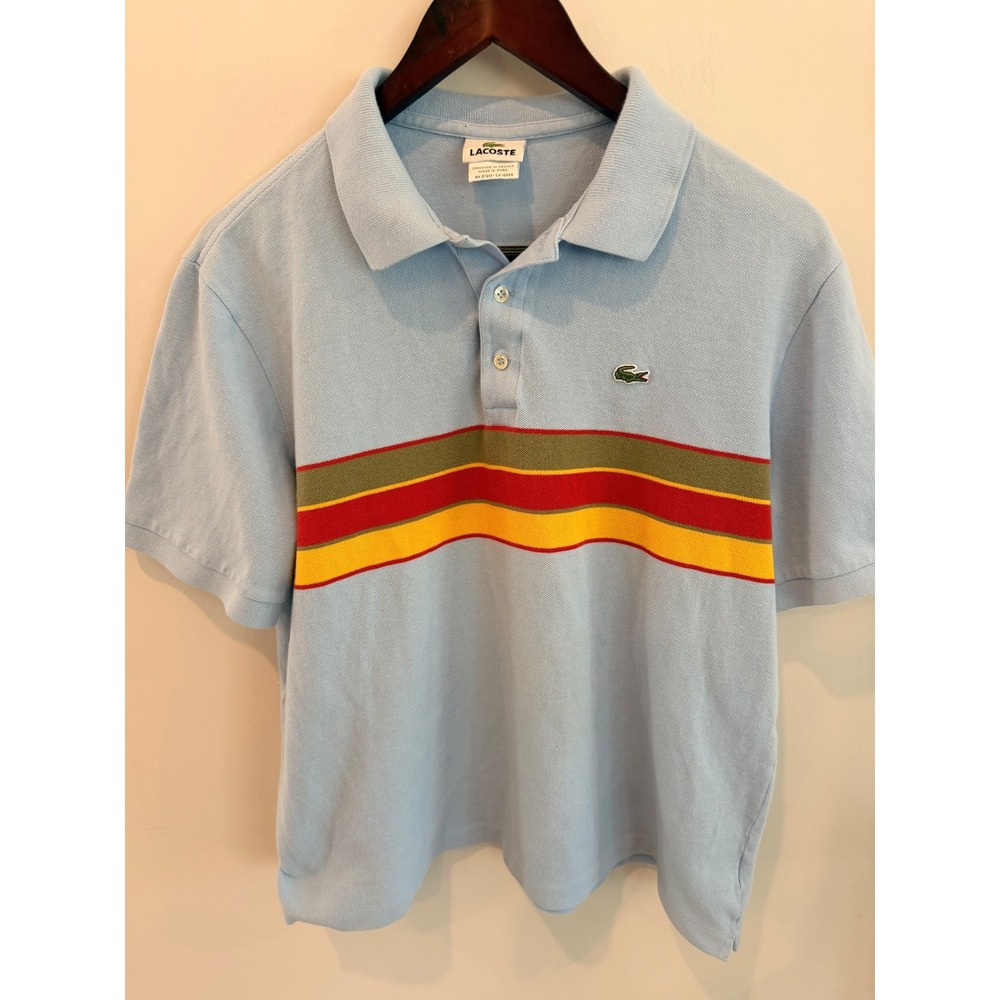 Lacoste Polo Shirt Mens Size 5 Large Blue Stripe Cotton Short Sleeve Logo